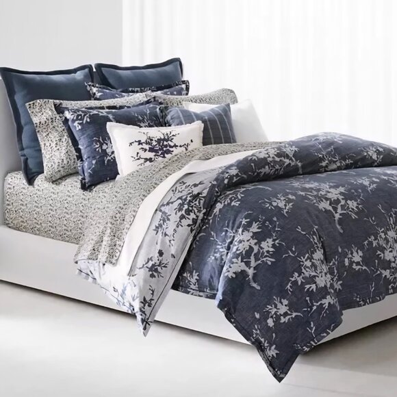 NEW Ralph Lauren EVA Navy Grey Floral 3 pc FULL QUEEN Comforter Shams Set Sateen - Picture 3 of 7